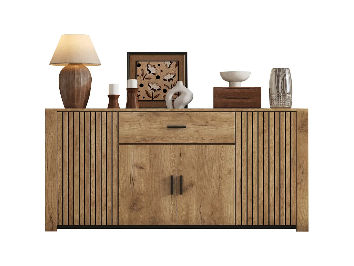 Aparador 160x40x75 cm - 4 puertas y 1 cajón - Estantes ajustables - Acabado de madera - Paneles de partículas - Natural