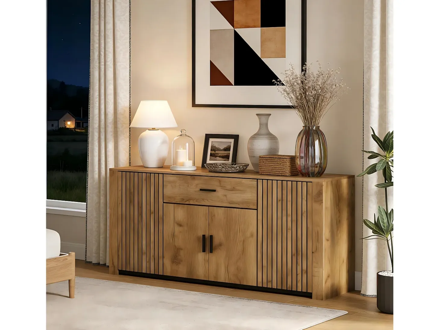 Aparador 160x40x75 cm - 4 puertas y 1 cajón - Estantes ajustables - Acabado de madera - Paneles de partículas - Natural