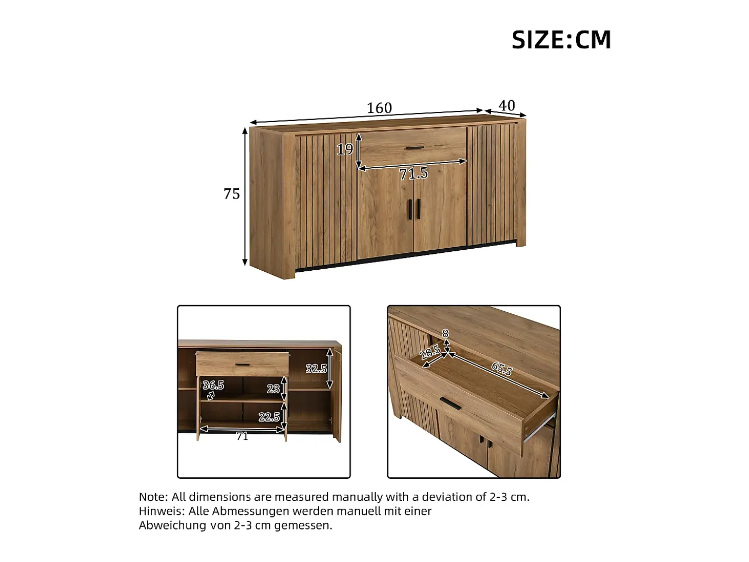 Aparador 160x40x75 cm - 4 puertas y 1 cajón - Estantes ajustables - Acabado de madera - Paneles de partículas - Natural