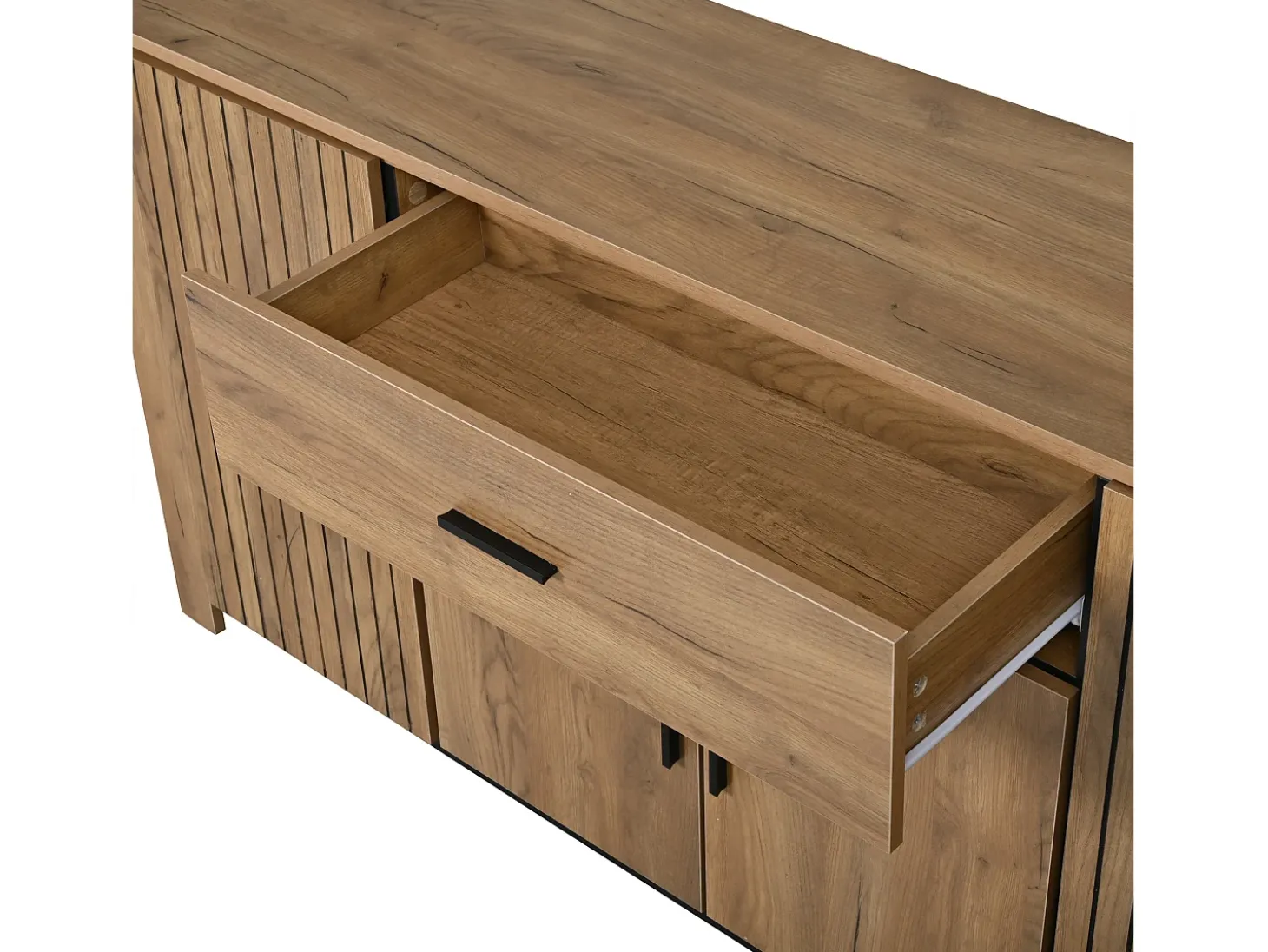 Aparador 160x40x75 cm - 4 puertas y 1 cajón - Estantes ajustables - Acabado de madera - Paneles de partículas - Natural