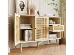 Aparador 120x40x80 cm, con 2 puertas, 1 cajón y 2 nichos en MDF - efecto ratán - color natural