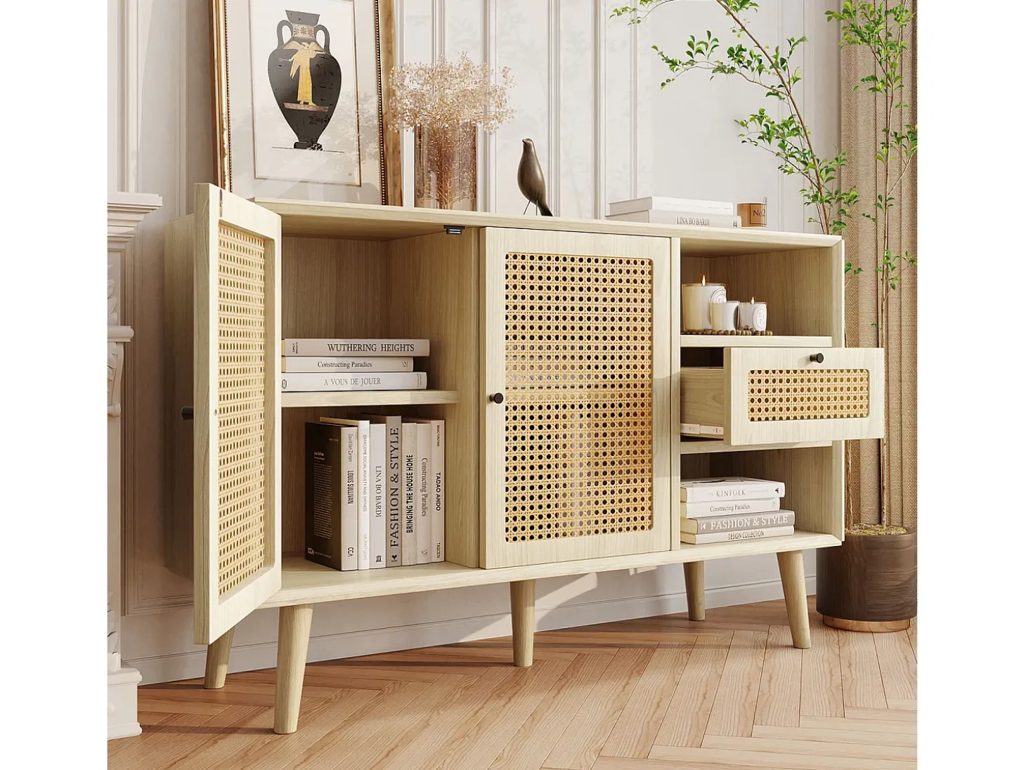 Aparador 120x40x80 cm, con 2 puertas, 1 cajón y 2 nichos en MDF - efecto ratán - color natural
