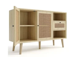 Aparador 120x40x80 cm, con 2 puertas, 1 cajón y 2 nichos en MDF - efecto ratán - color natural