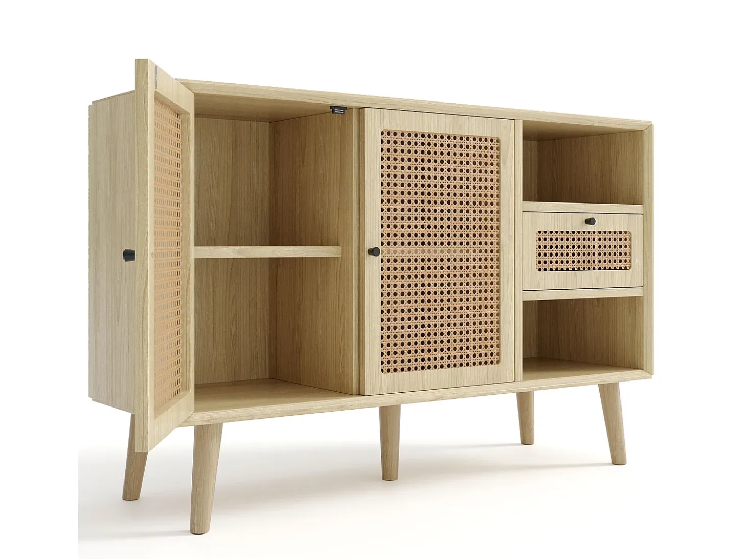 Aparador 120x40x80 cm, con 2 puertas, 1 cajón y 2 nichos en MDF - efecto ratán - color natural