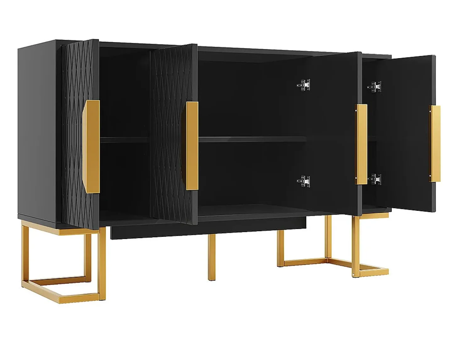 Aparador 140x40x80 cm, estilo contemporáneo, con cuatro puertas y dos estantes regulables en altura, negro