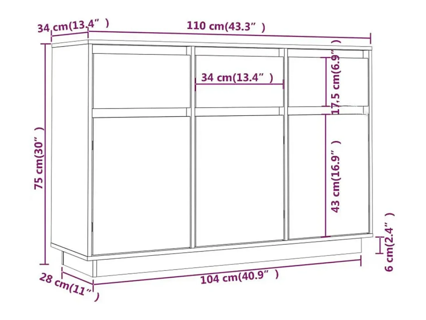 Aparador 110x34x75 cm Madera maciza de pino