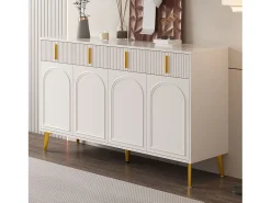 Aparador 140x37,8x82cm - con 4 puertas, 4 cajones, tiradores y pies dorados - laminado desenfundable - Blanco