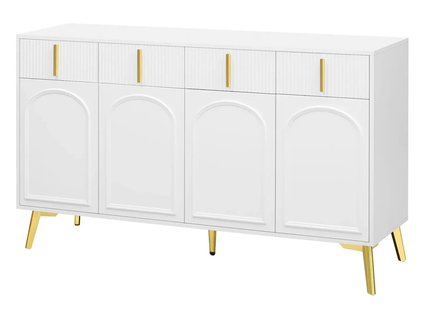 Aparador 140x37,8x82cm - con 4 puertas, 4 cajones, tiradores y pies dorados - laminado desenfundable - Blanco