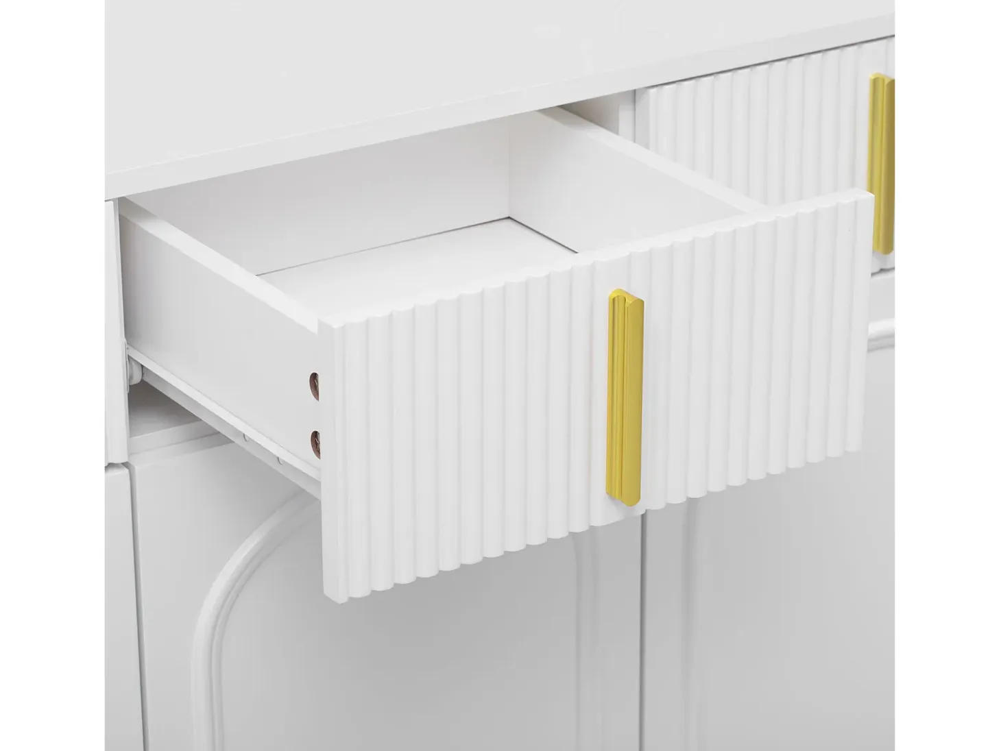 Aparador 140x37,8x82cm - con 4 puertas, 4 cajones, tiradores y pies dorados - laminado desenfundable - Blanco