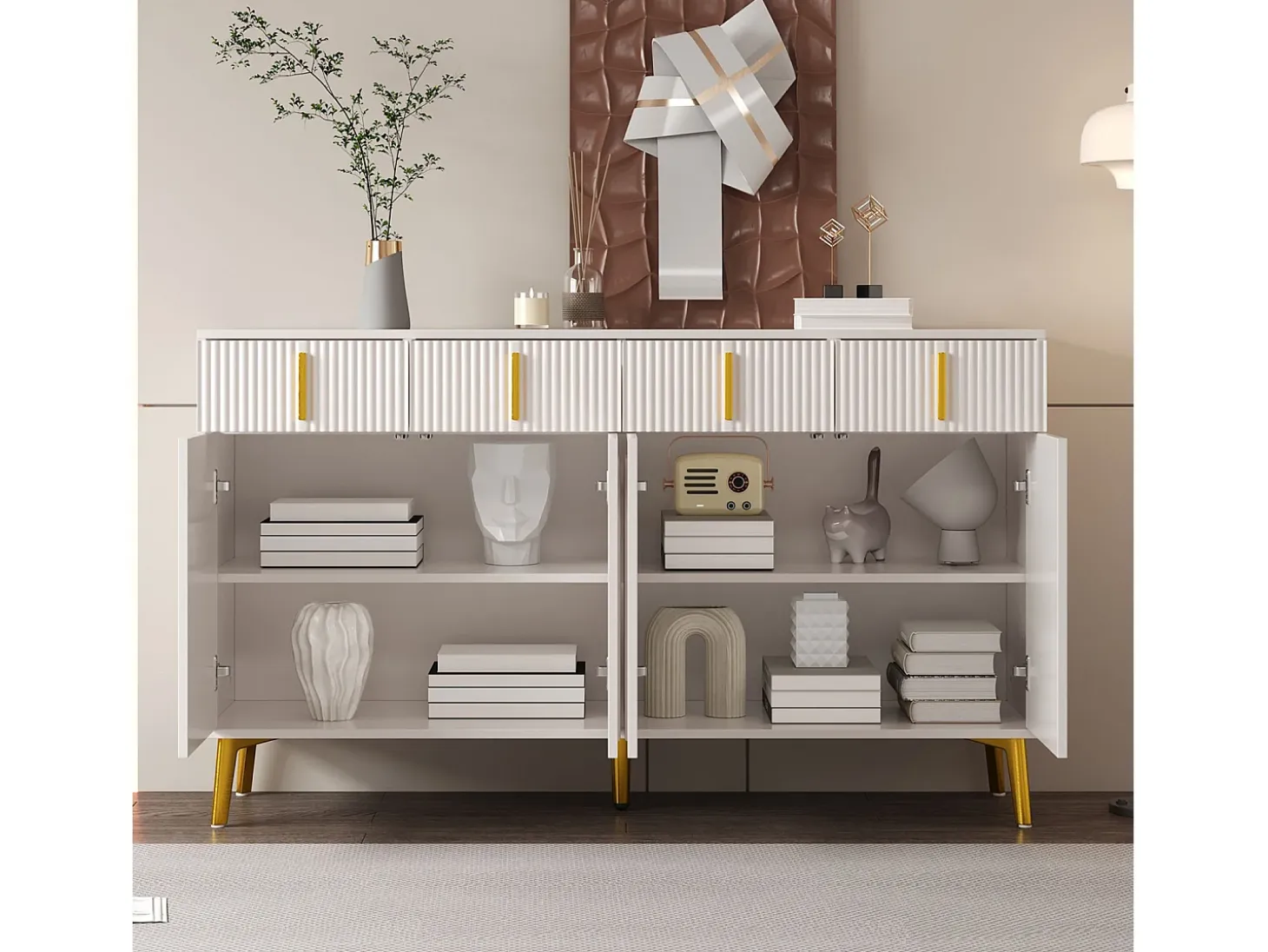 Aparador 140x37,8x82cm - con 4 puertas, 4 cajones, tiradores y pies dorados - laminado desenfundable - Blanco