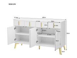 Aparador 140x37,8x82cm - con 4 puertas, 4 cajones, tiradores y pies dorados - laminado desenfundable - Blanco