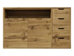 Aparador 150x40x90cm - con 2 puertas y 4 cajones - con compartimentos abiertos - exterior de roble - color roble