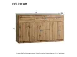 Aparador 135x40x81cm con 3 cajones y 3 puertas, cuerpo en madera natural clara