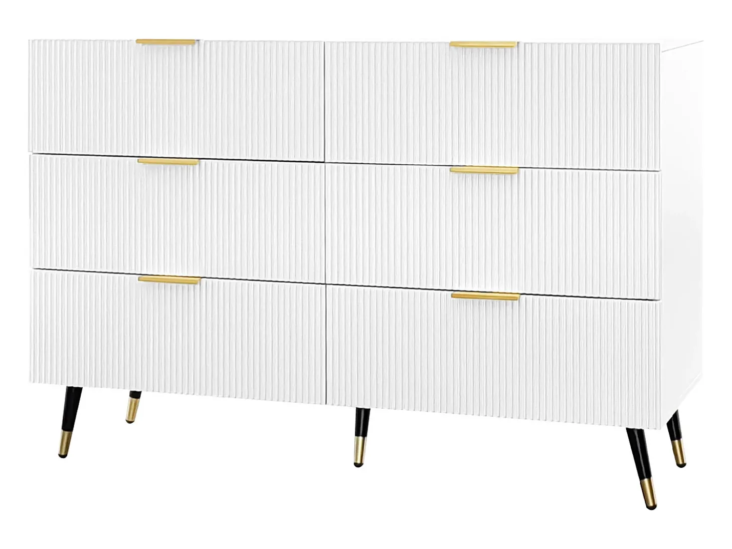 Aparador 120x40x77cm con 6 cajones, patas y tiradores dorados, cuerpo blanco
