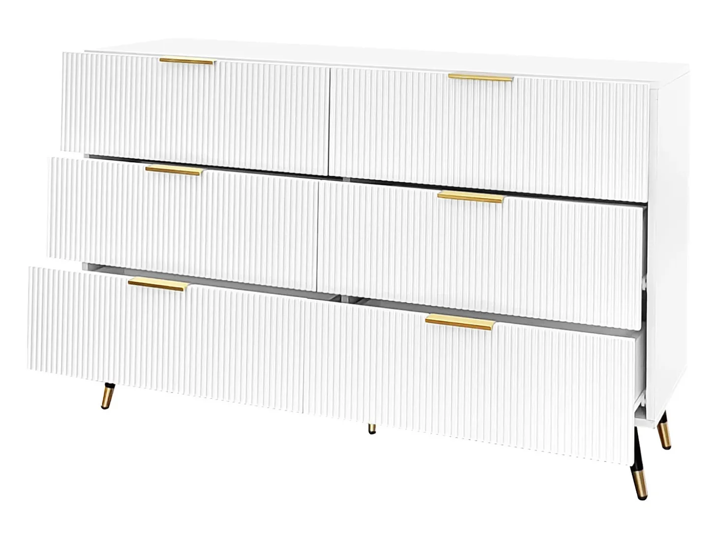 Aparador 120x40x77cm con 6 cajones, patas y tiradores dorados, cuerpo blanco