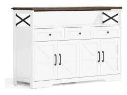 Aparador 140x35x95cm con 3 cajones, 4 puertas y 1 nicho, tablero imitación madera marrón, cuerpo blanco