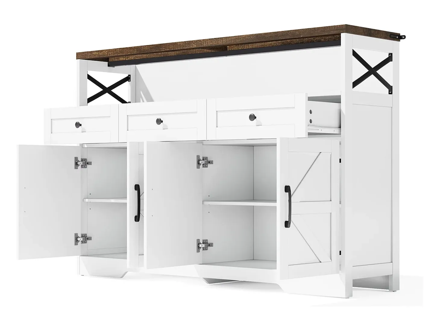 Aparador 140x35x95cm con 3 cajones, 4 puertas y 1 nicho, tablero imitación madera marrón, cuerpo blanco