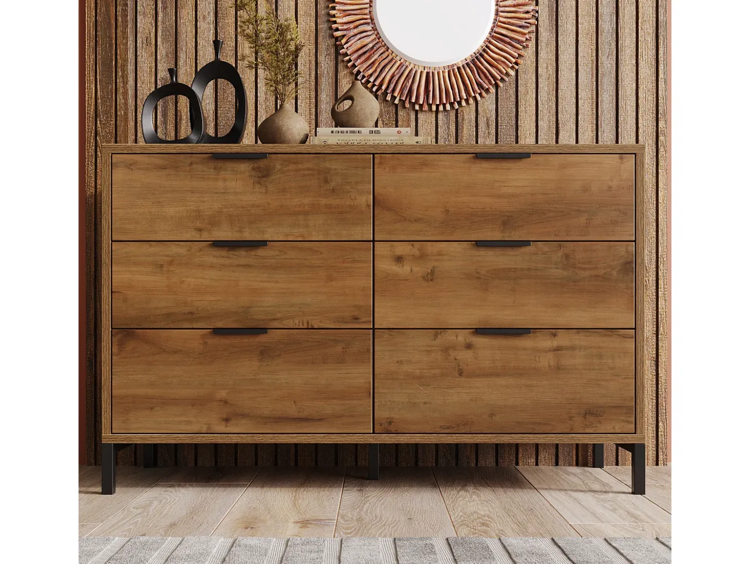Aparador 120x40x76cm con 6 cajones, en madera natural oscura, patas de metal negro