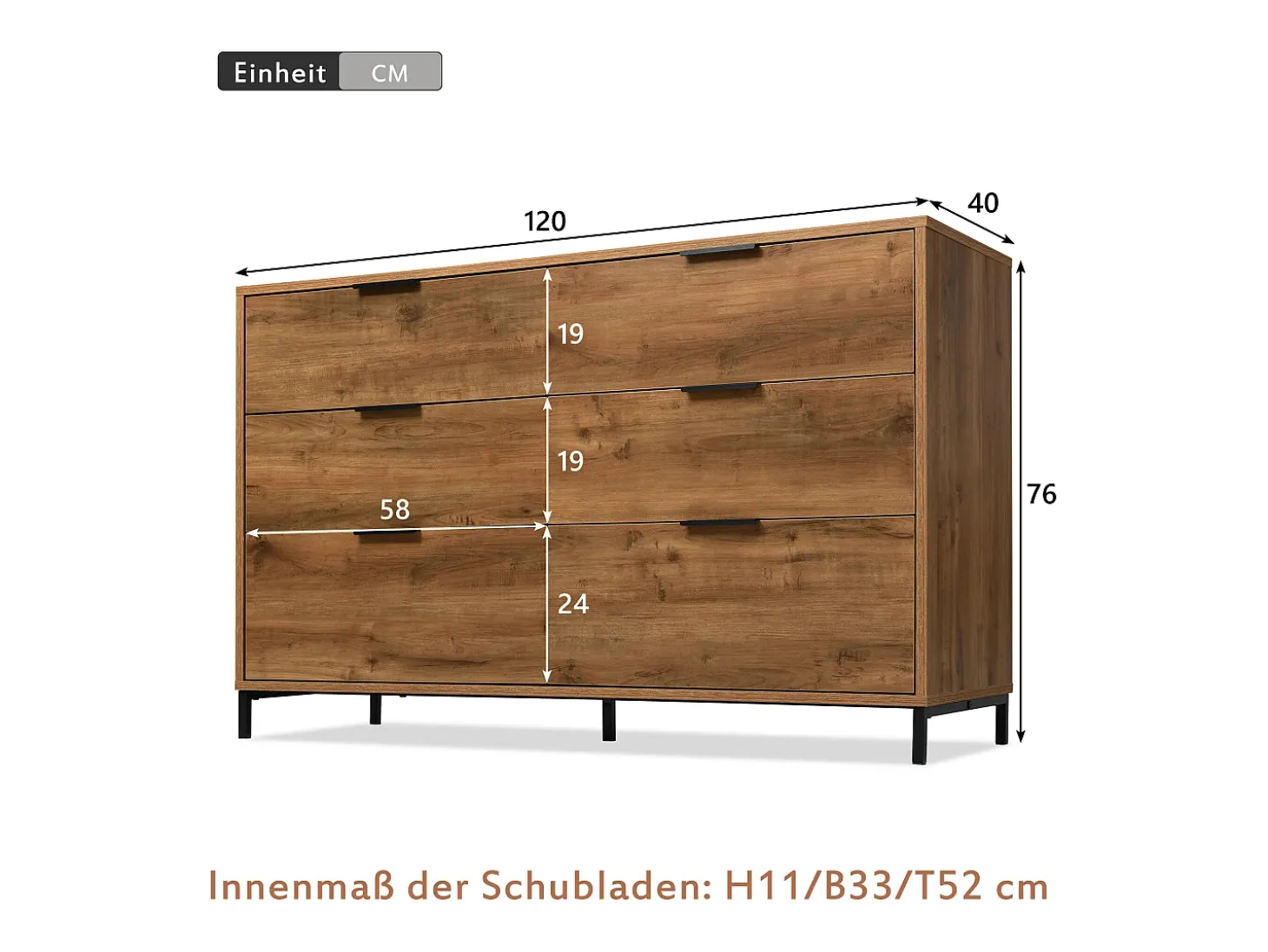 Aparador 120x40x76cm con 6 cajones, en madera natural oscura, patas de metal negro