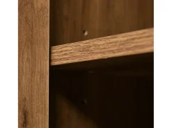 Aparador 120x40x76cm con 3 cajones y 2 puertas, en madera natural oscura, patas de metal negro.