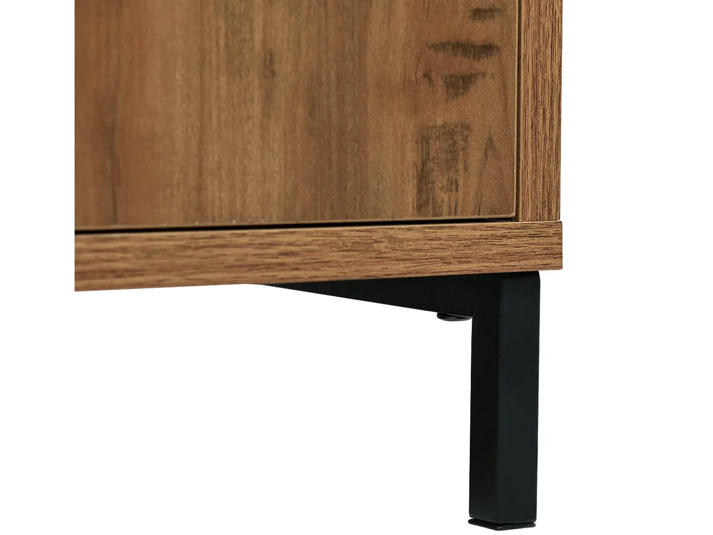 Aparador 120x40x76cm con 3 cajones y 2 puertas, en madera natural oscura, patas de metal negro.