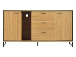 Aparador 160x40x85cm con 3 cajones, 2 puertas, 3 nichos y LED, cuerpo en chapa de madera natural clara