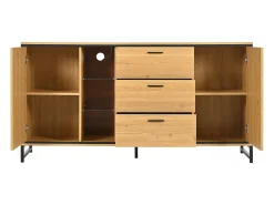 Aparador 160x40x85cm con 3 cajones, 2 puertas, 3 nichos y LED, cuerpo en chapa de madera natural clara