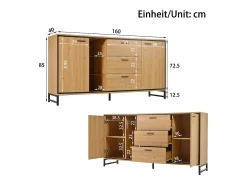 Aparador 160x40x85cm con 3 cajones, 2 puertas, 3 nichos y LED, cuerpo en chapa de madera natural clara