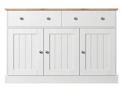 Aparador 120x36x80,5cm con 2 cajones y 3 puertas, tablero en veta de madera natural clara, cuerpo blanco con tiradores plateados