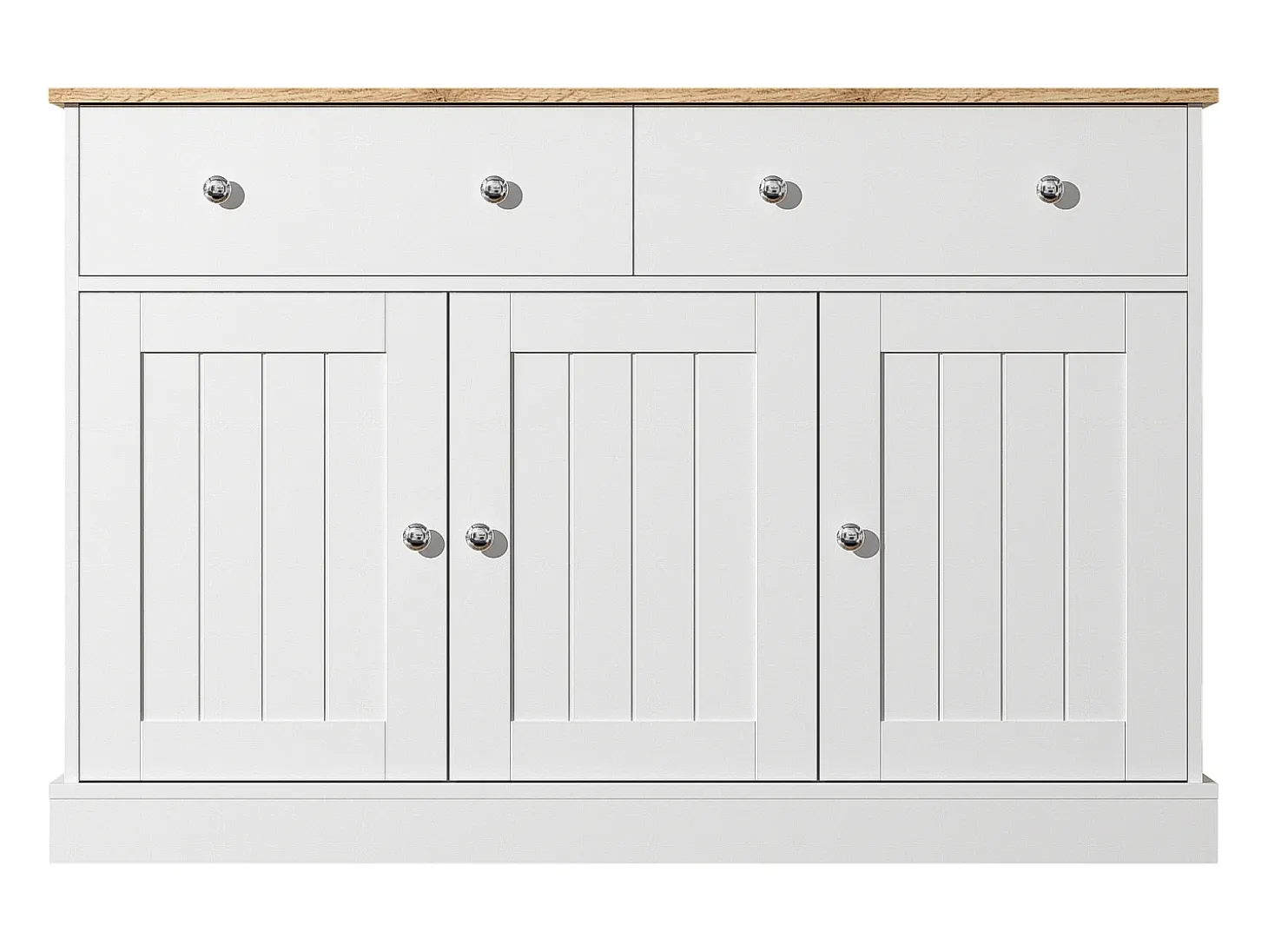 Aparador 120x36x80,5cm con 2 cajones y 3 puertas, tablero en veta de madera natural clara, cuerpo blanco con tiradores plateados