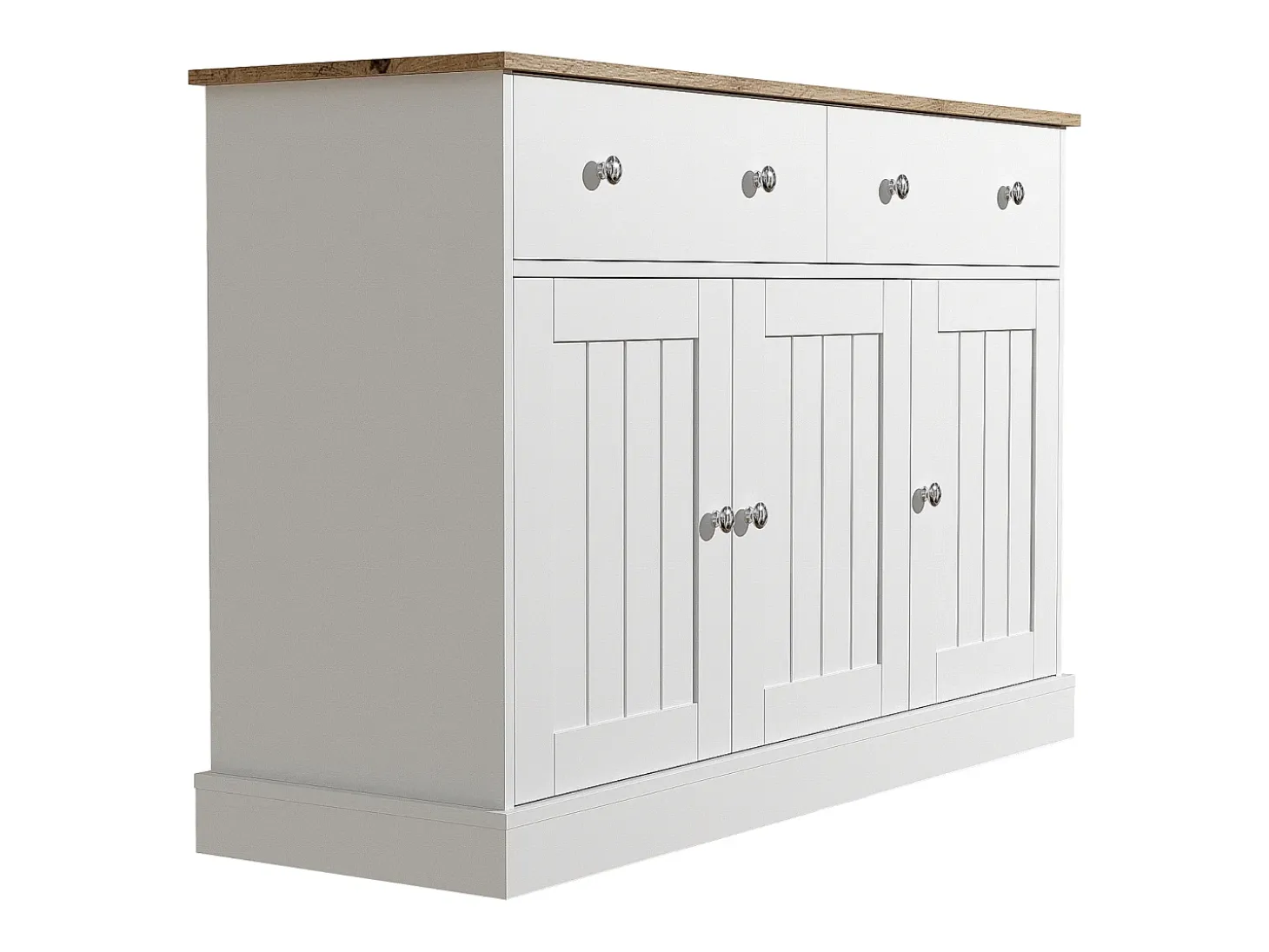 Aparador 120x36x80,5cm con 2 cajones y 3 puertas, tablero en veta de madera natural clara, cuerpo blanco con tiradores plateados