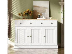 Aparador 120x36x80,5cm con 2 cajones y 3 puertas, tablero en veta de madera natural clara, cuerpo blanco con tiradores plateados