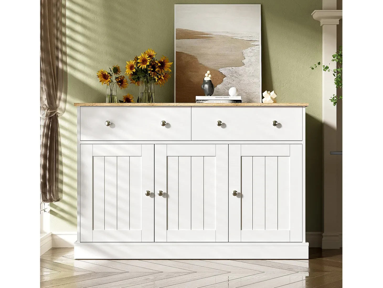 Aparador 120x36x80,5cm con 2 cajones y 3 puertas, tablero en veta de madera natural clara, cuerpo blanco con tiradores plateados