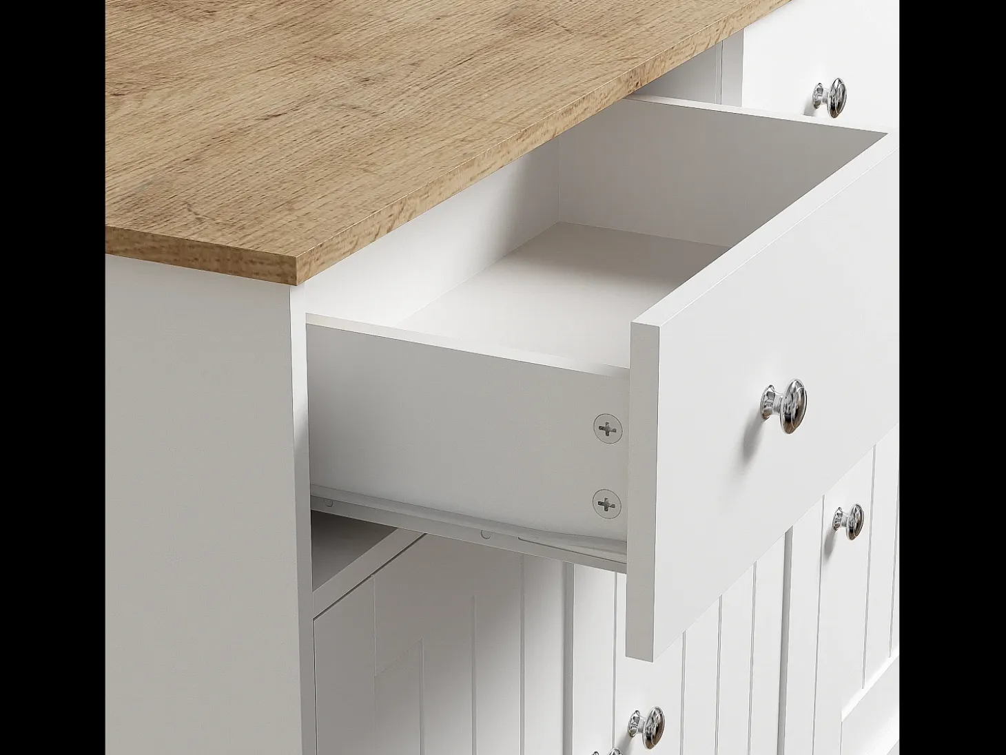 Aparador 120x36x80,5cm con 2 cajones y 3 puertas, tablero en veta de madera natural clara, cuerpo blanco con tiradores plateados
