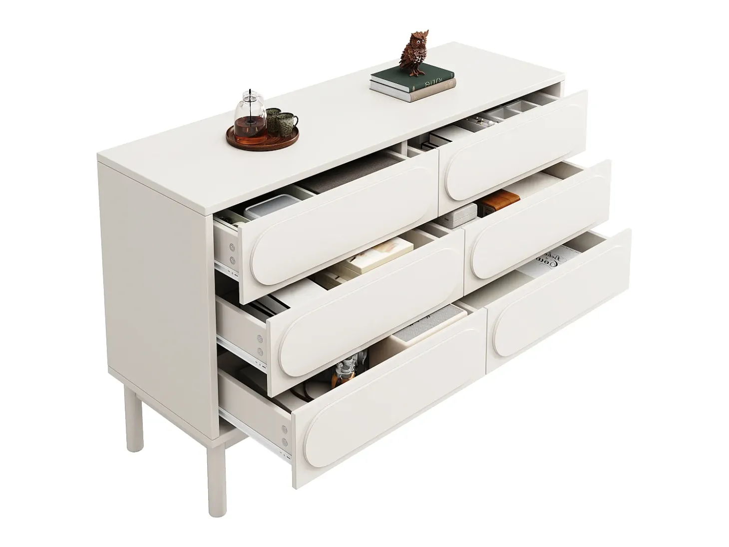 Aparador 120x40x75cm con 6 cajones, decoración relieve 3D, cuerpo de MDF blanco