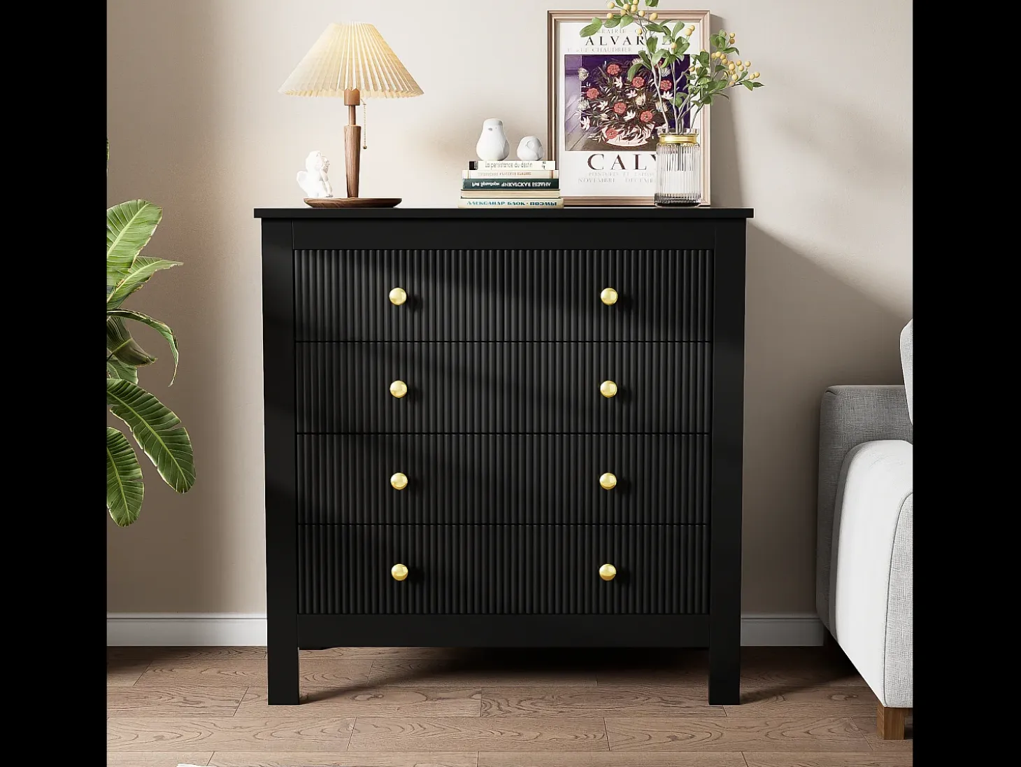 Aparador 79x39,5x80,5cm con 5 cajones, cuerpo negro con tiradores dorados