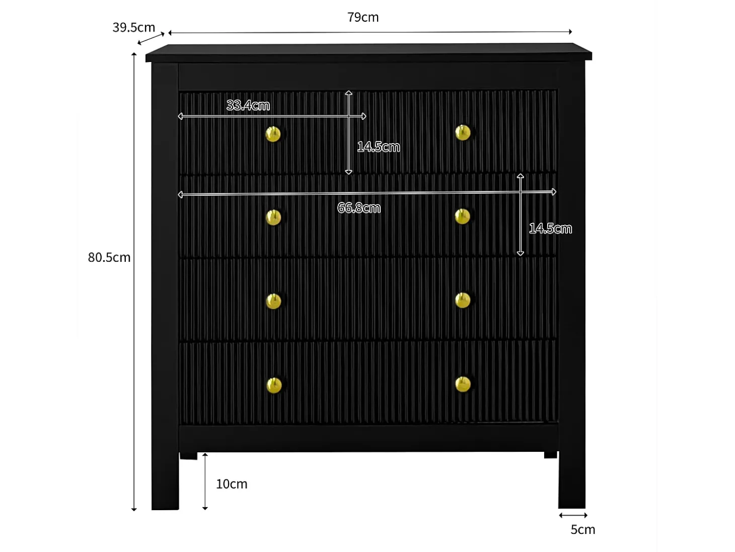 Aparador 79x39,5x80,5cm con 5 cajones, cuerpo negro con tiradores dorados