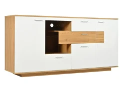 Aparador 160x40x77cm con 4 cajones, 2 puertas, 1 nicho y LED, cuerpo en madera y chapa blanca