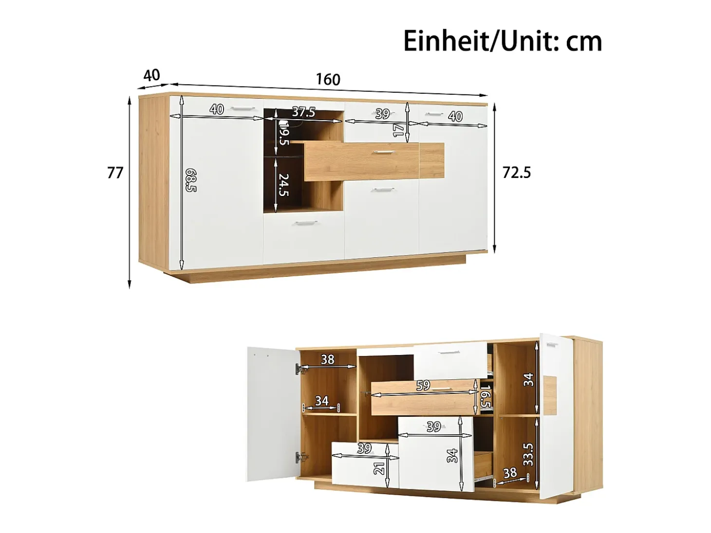 Aparador 160x40x77cm con 4 cajones, 2 puertas, 1 nicho y LED, cuerpo en madera y chapa blanca