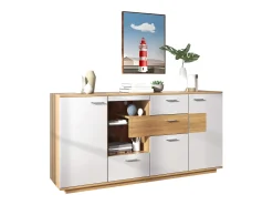 Aparador 160x40x77cm con 4 cajones, 2 puertas, 1 nicho y LED, cuerpo en madera y chapa blanca