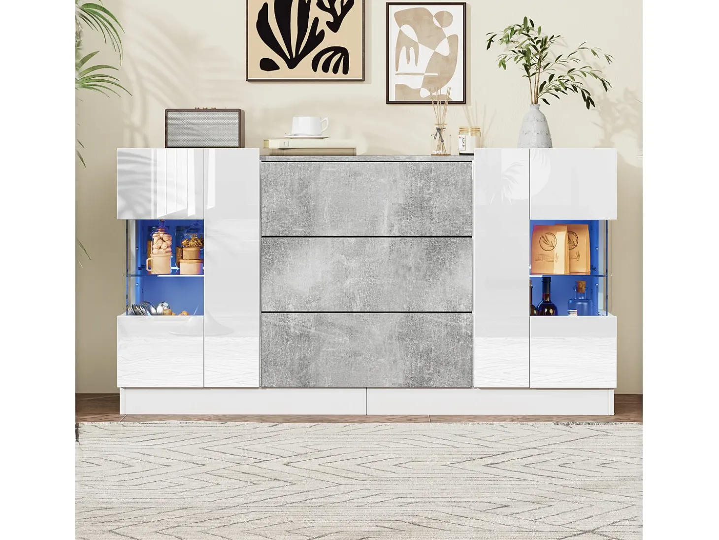 Aparador 140x35x75cm con 2 puertas de cristal y LED, 3 cajones y tapa chapada en mármol gris, cuerpo lacado en blanco