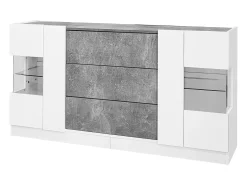 Aparador 140x35x75cm con 2 puertas de cristal y LED, 3 cajones y tapa chapada en mármol gris, cuerpo lacado en blanco