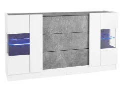 Aparador 140x35x75cm con 2 puertas de cristal y LED, 3 cajones y tapa chapada en mármol gris, cuerpo lacado en blanco