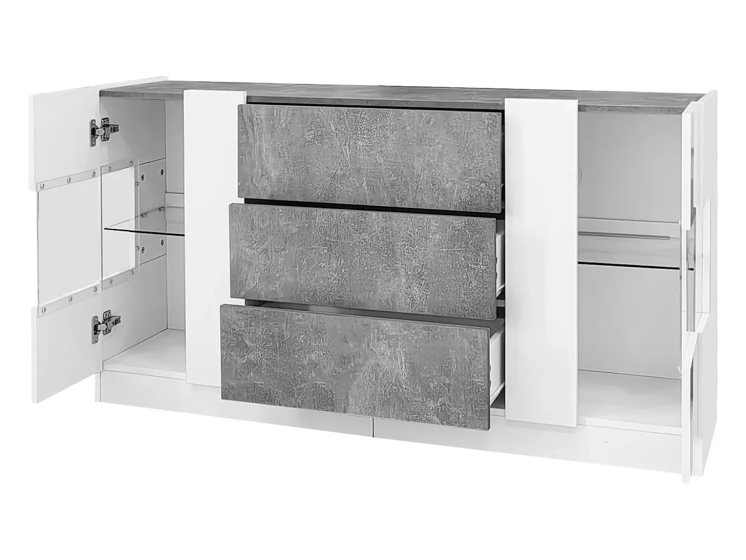 Aparador 140x35x75cm con 2 puertas de cristal y LED, 3 cajones y tapa chapada en mármol gris, cuerpo lacado en blanco
