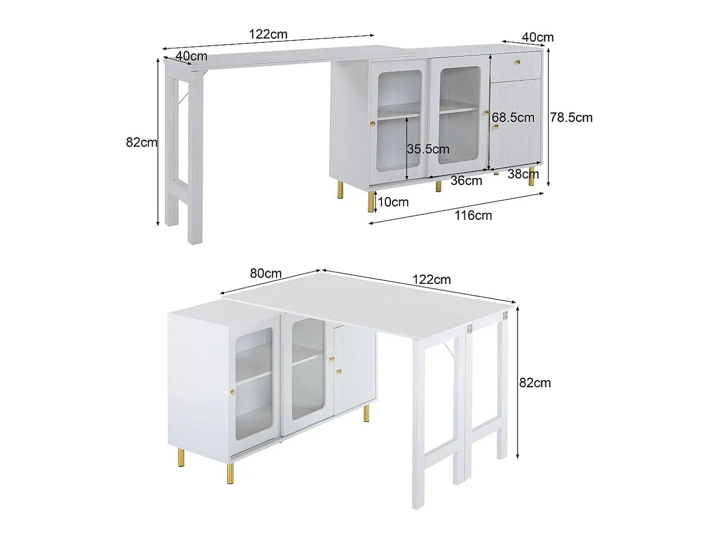 Aparador 122x80x82cm con 3 puertas y 1 cajón, tapa extensible y giratoria, cuerpo blanco