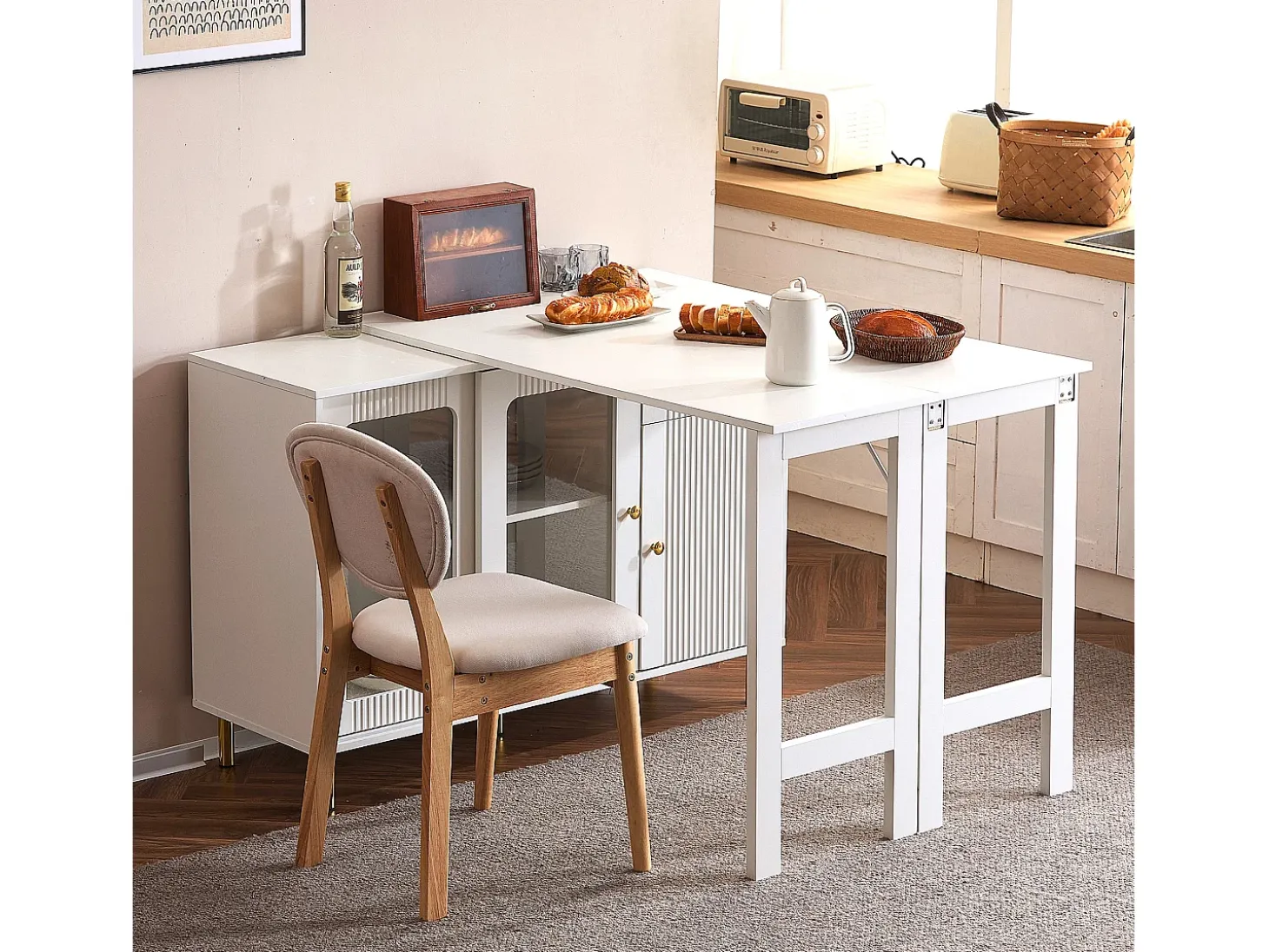 Aparador 122x80x82cm con 3 puertas y 1 cajón, tapa extensible y giratoria, cuerpo blanco
