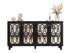 Aparador 160x40x84cm con 4 puertas con espejo, cuerpo lacado en negro