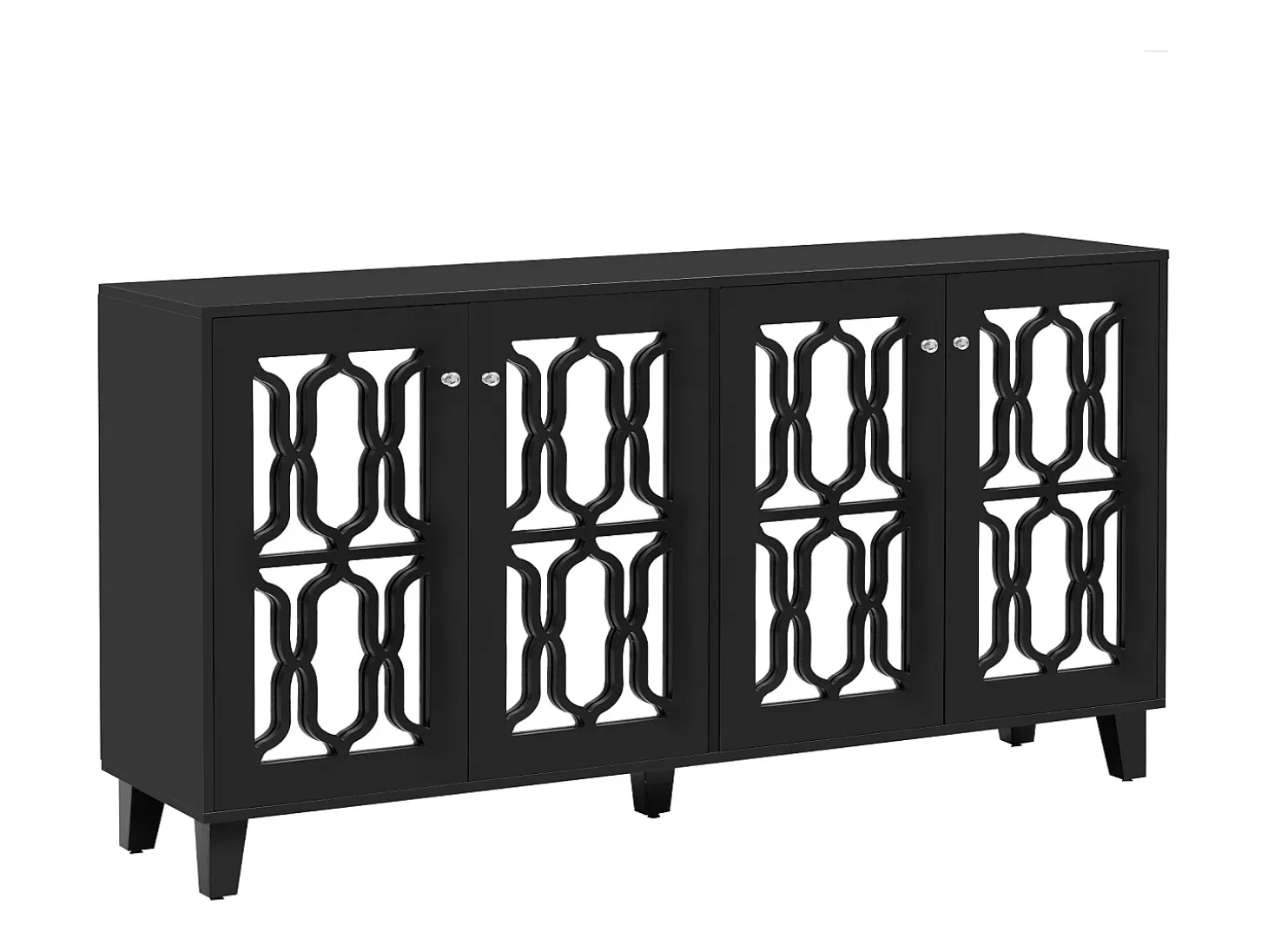 Aparador 160x40x84cm con 4 puertas con espejo, cuerpo lacado en negro