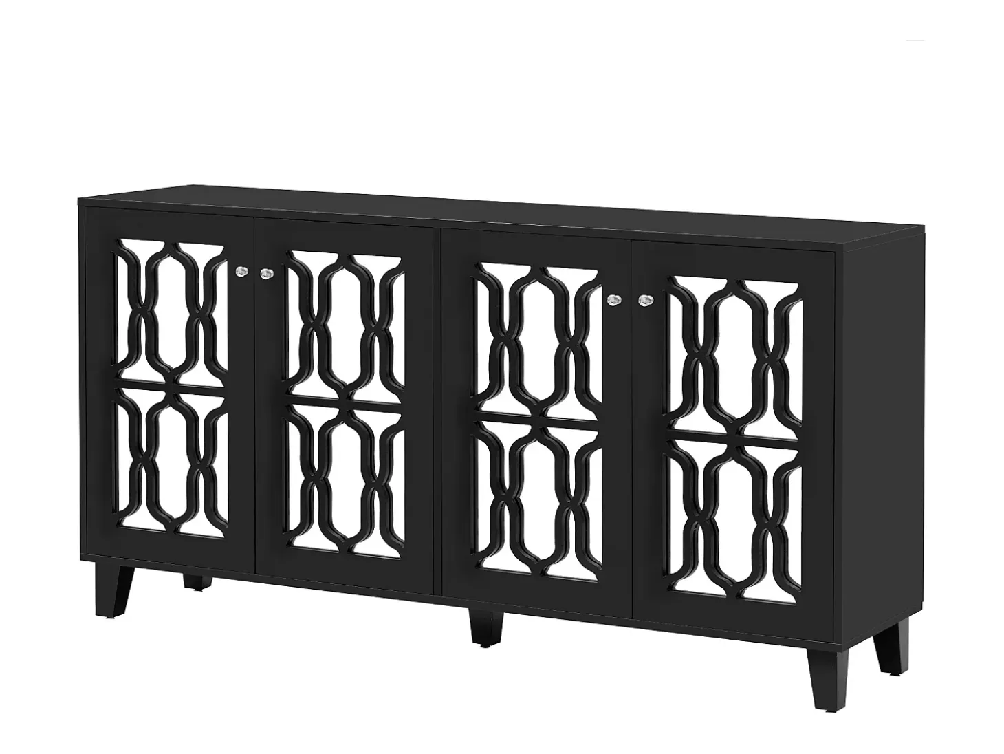 Aparador 160x40x84cm con 4 puertas con espejo, cuerpo lacado en negro