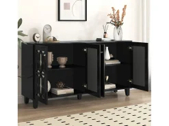 Aparador 160x40x84cm con 4 puertas con espejo, cuerpo lacado en negro